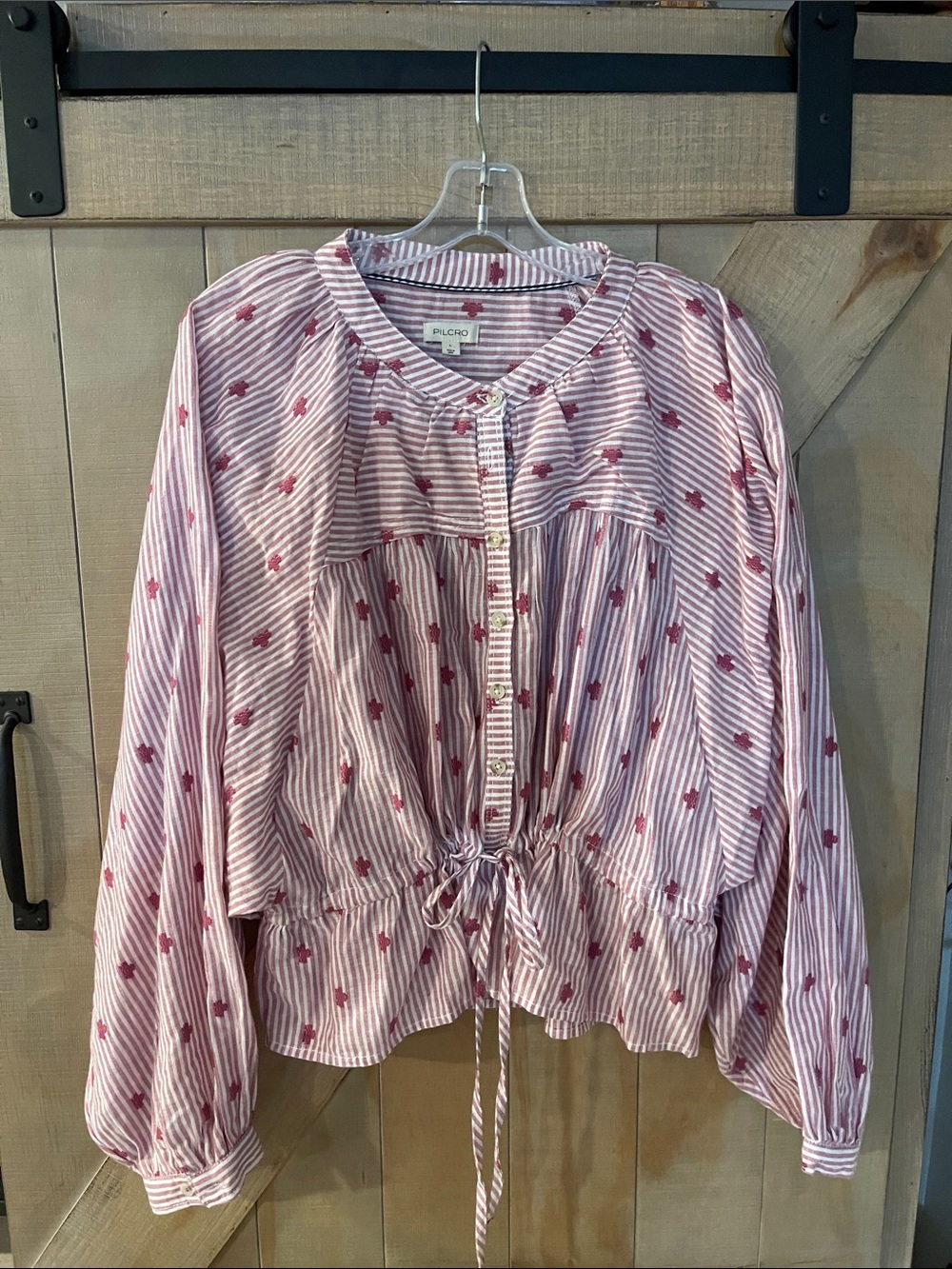 Pilot Cielo Pink Striped Floral Drawstring Button-Front Top